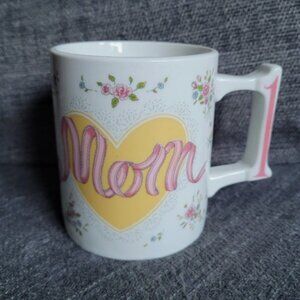 "#1 Mom Only 1 Mom" Mug - White Ceramic Mug, Pink Ribbon Font, "1" Shaped Handle